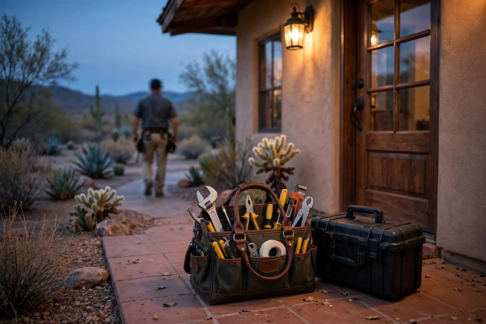 Tool bag and detection equipment at the front door of a Sun City home