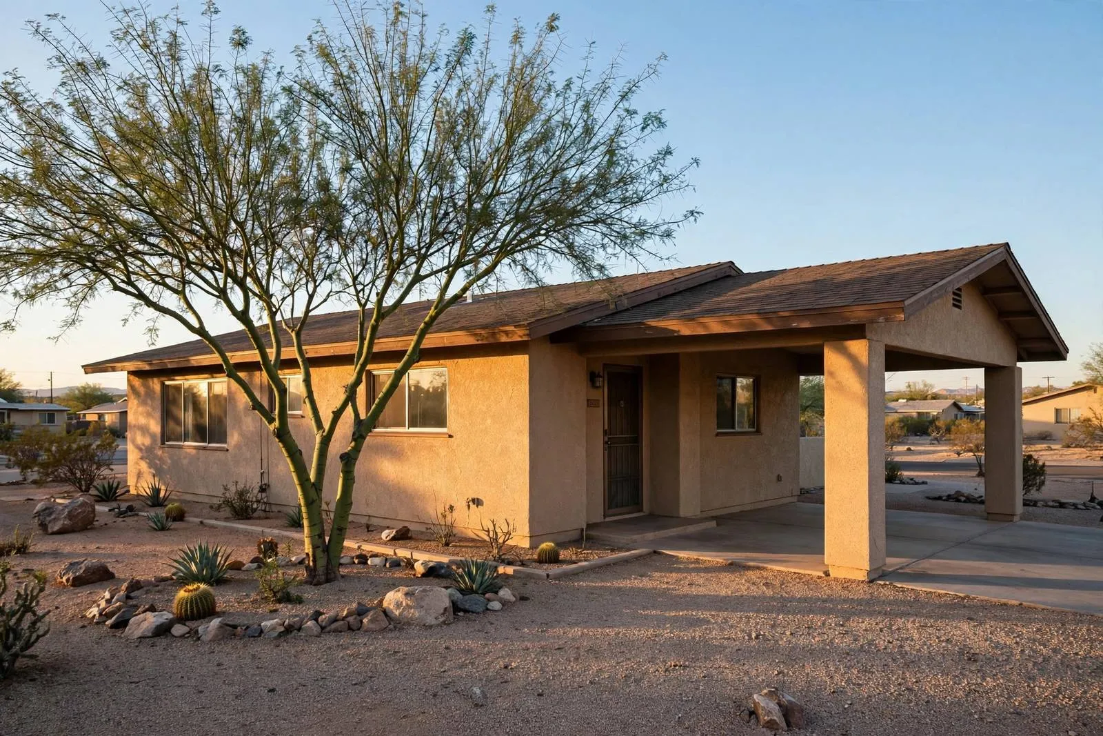 Older stucco home with carport on the east side of Sun City near 99th Avenue