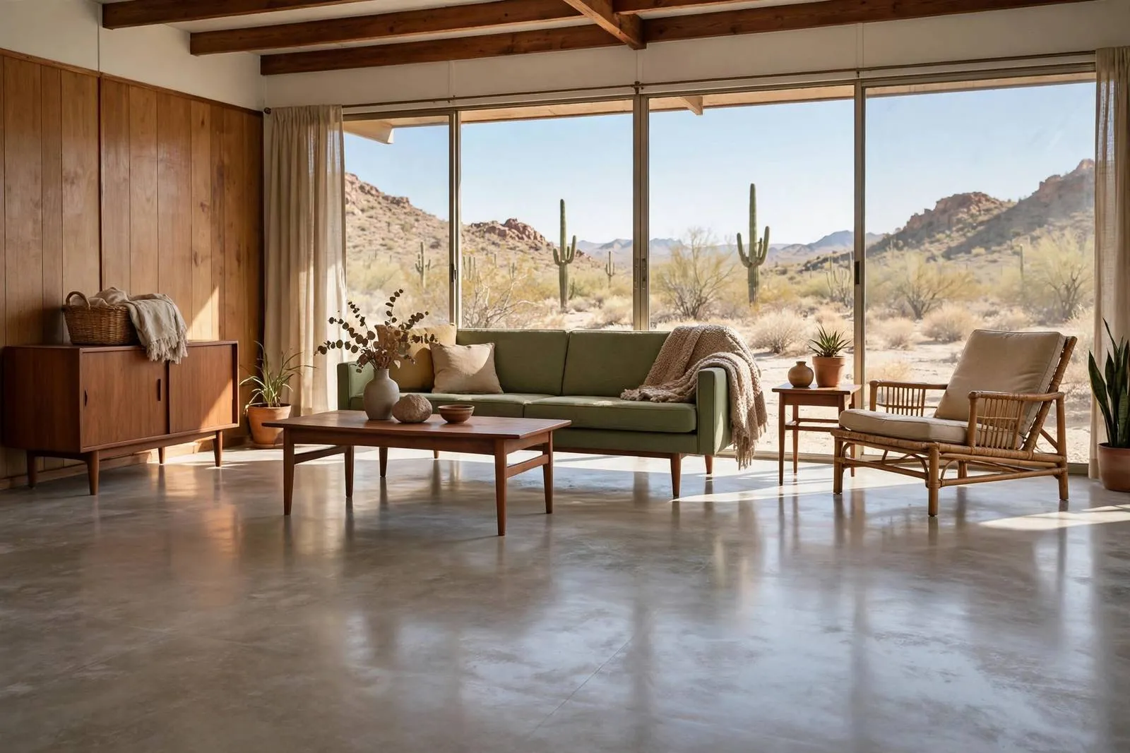 Bright living room with polished concrete-look flooring in a 1960s home on the Grand Avenue side