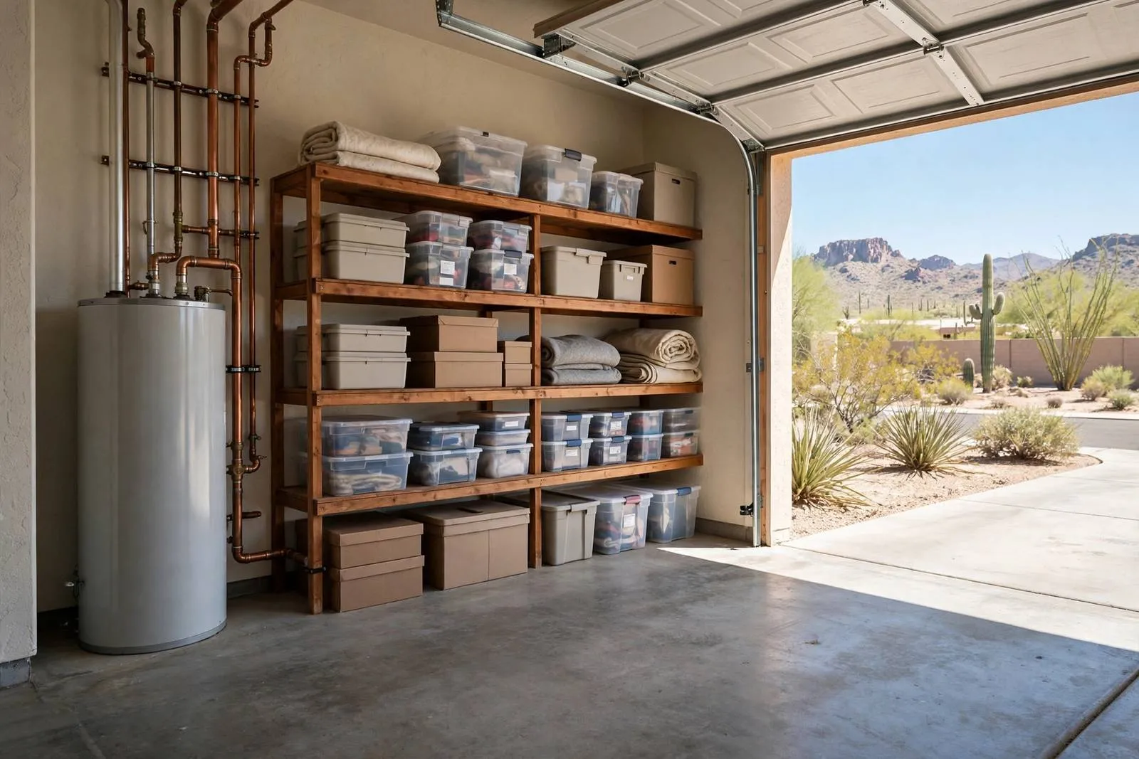 Garage with water heater and copper lines in a Union Hills Area home