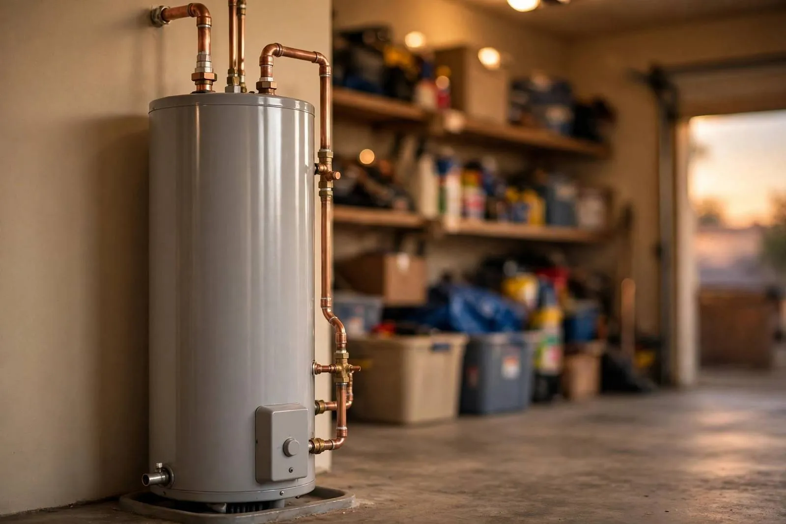 Water heater with copper lines in a garage
