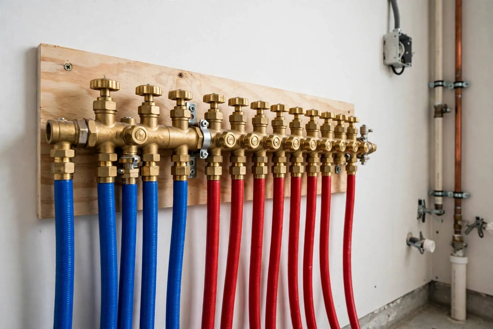 Plumbing manifold with red and blue PEX lines in a home