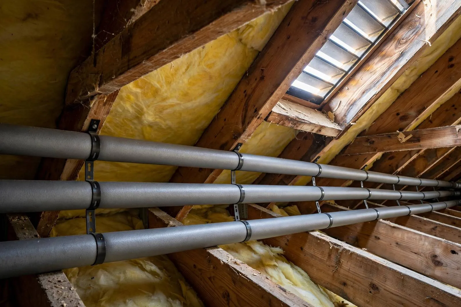 New insulated water lines routed through an attic in a home