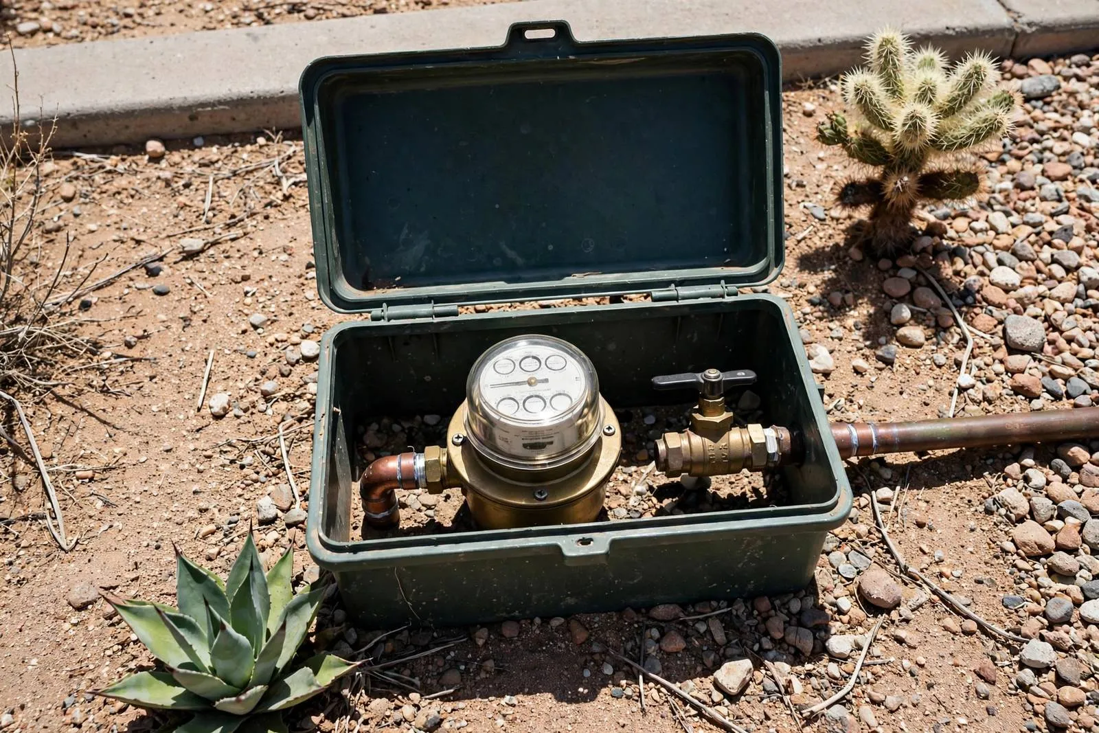 Open residential water meter box in desert landscaping