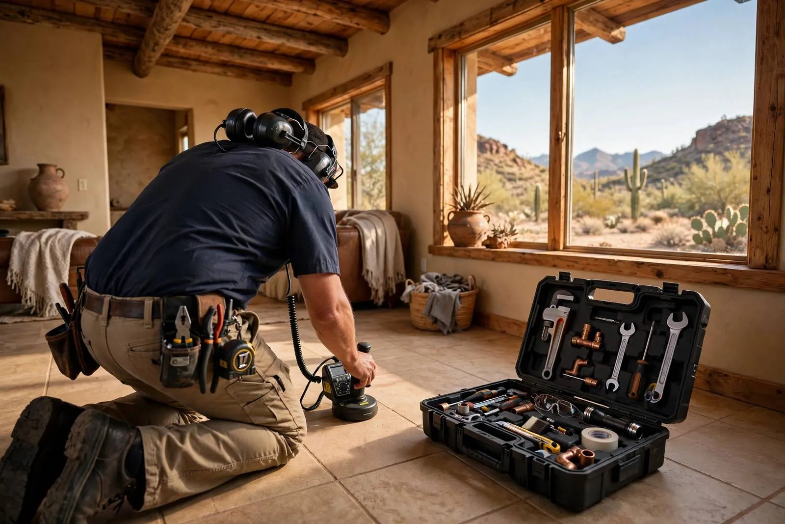 Acoustic listening equipment set on a tile floor during slab leak detection in a Sun City home