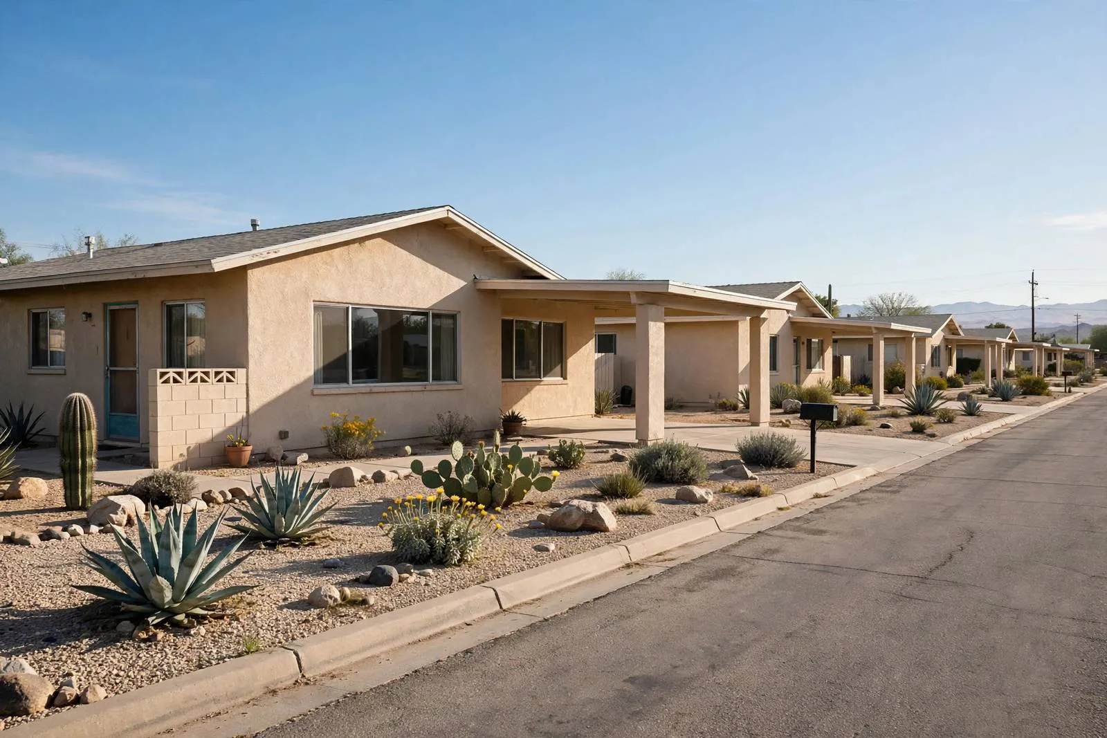 1960s ranch homes with xeriscaped yards along a quiet street