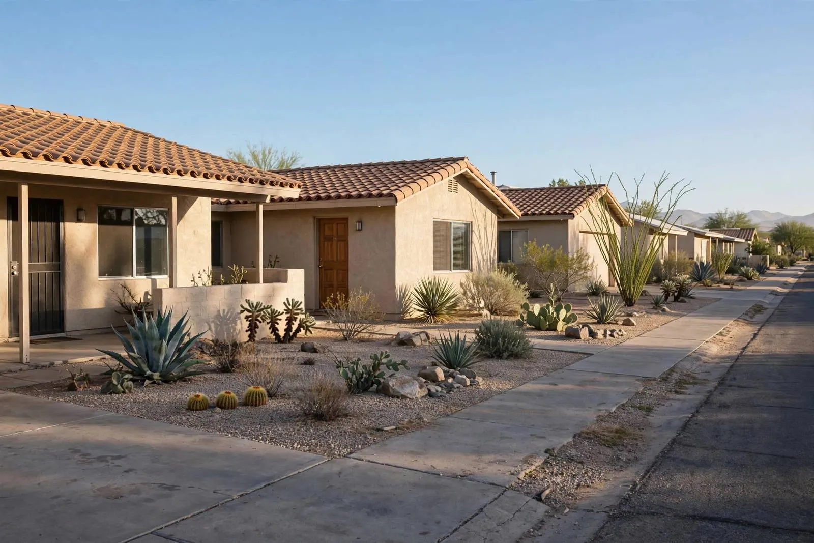 Single-story stucco homes with tile roofs and desert landscaping along a Sun City street