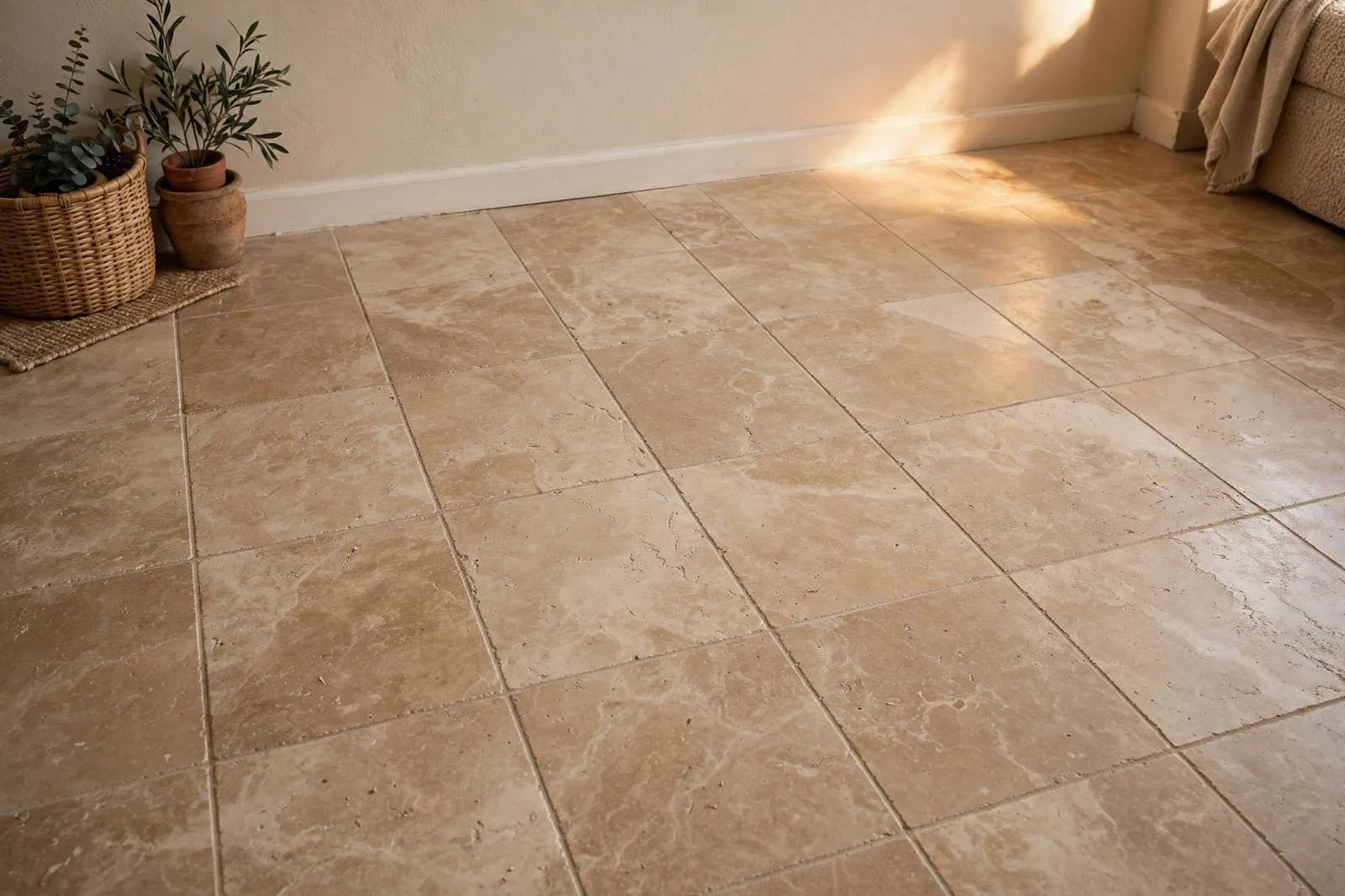 Tile floor in a home with a warm patch of light suggesting a hot-side slab leak