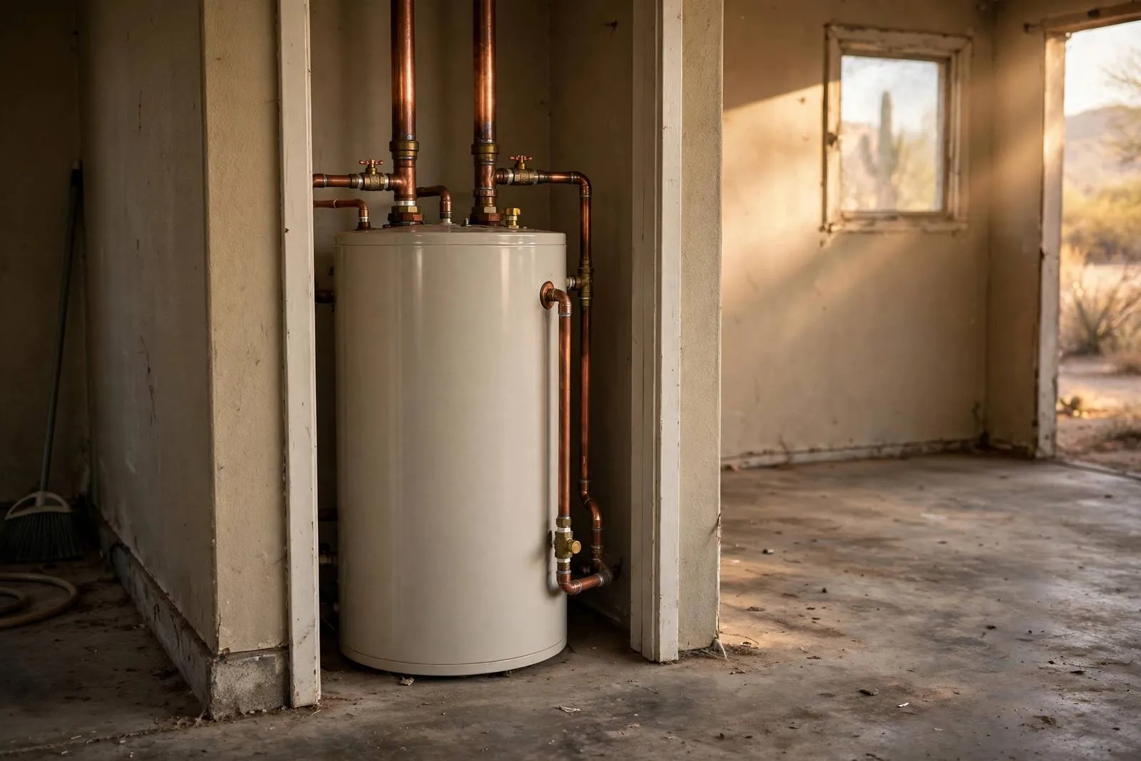 Residential water heater with copper supply pipes in a Sun City, Arizona garage