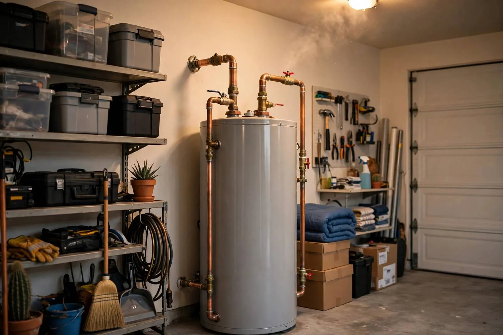 Water heater with copper hot and cold lines in a garage in Sun City