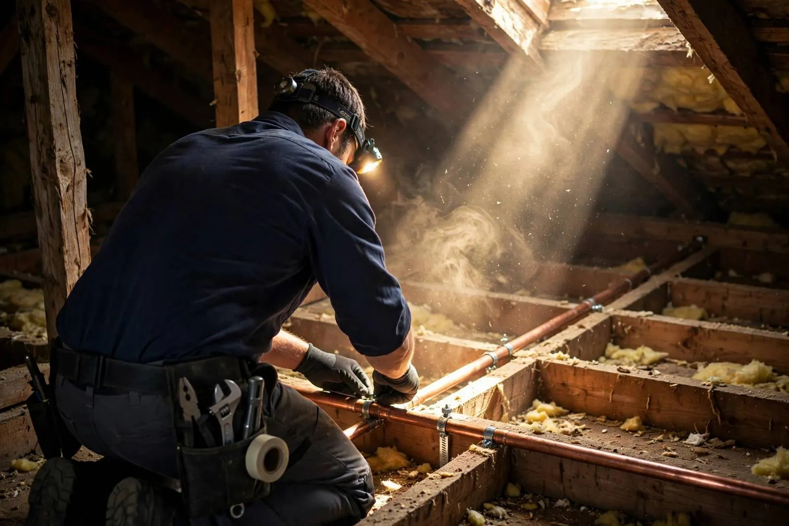 New water line run along attic joists during a repipe in a home