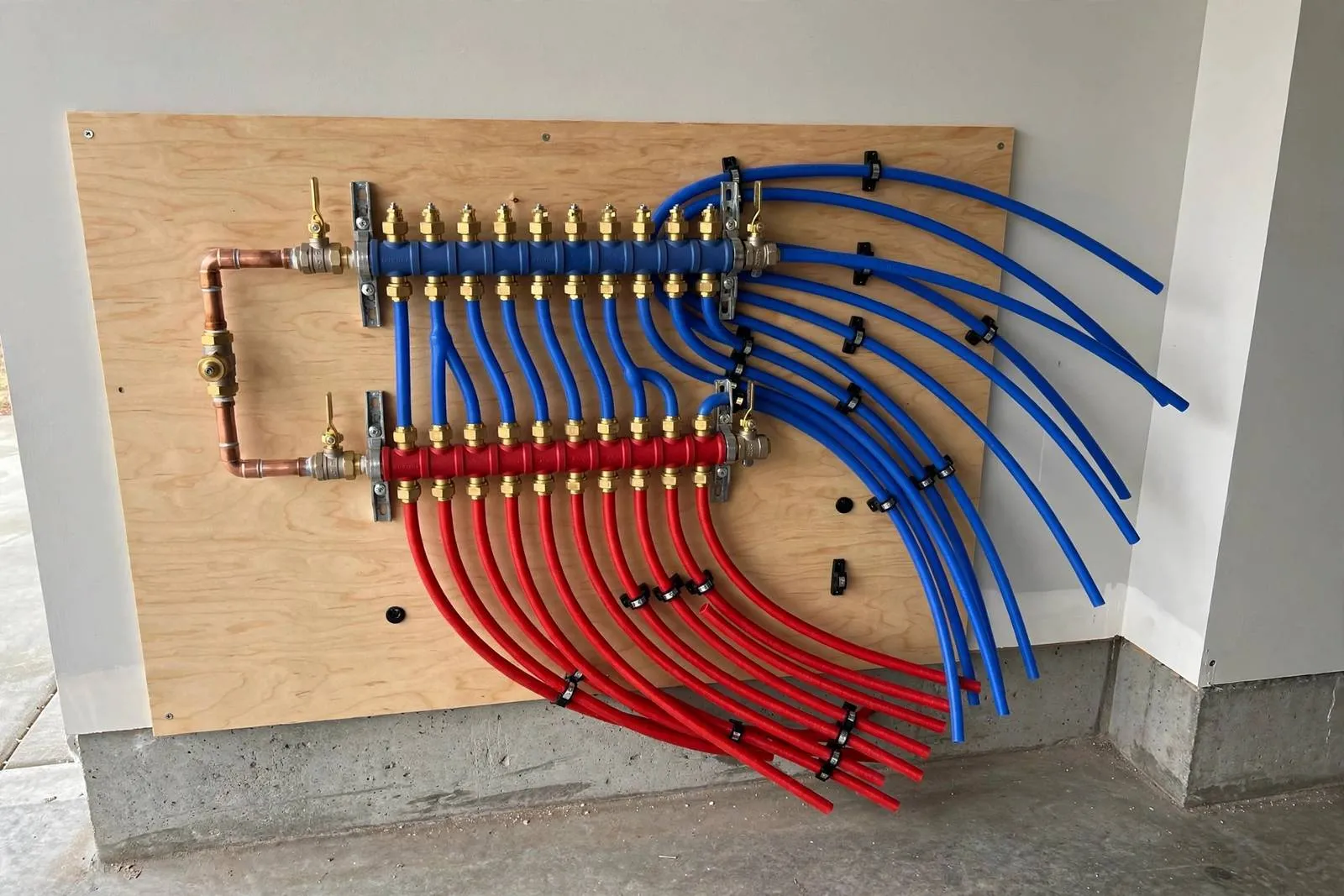 New plumbing manifold with red and blue PEX lines installed in a Sun City home