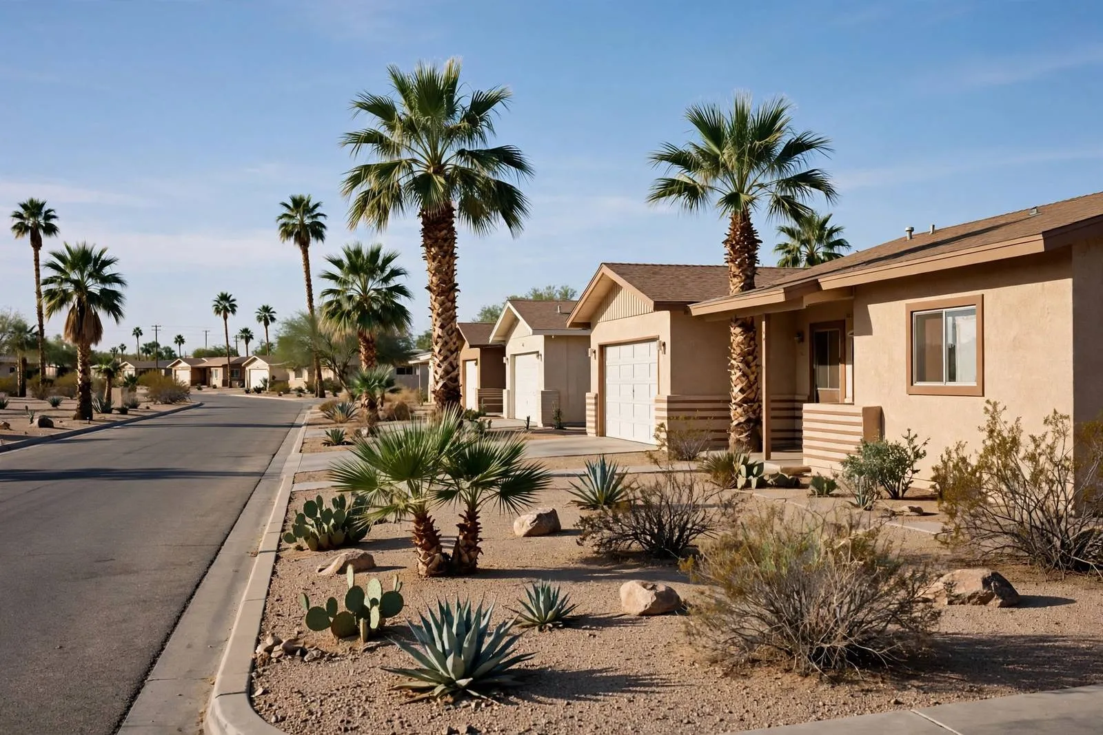 Stucco homes with attached garages and desert landscaping along a palm-lined Sun City street