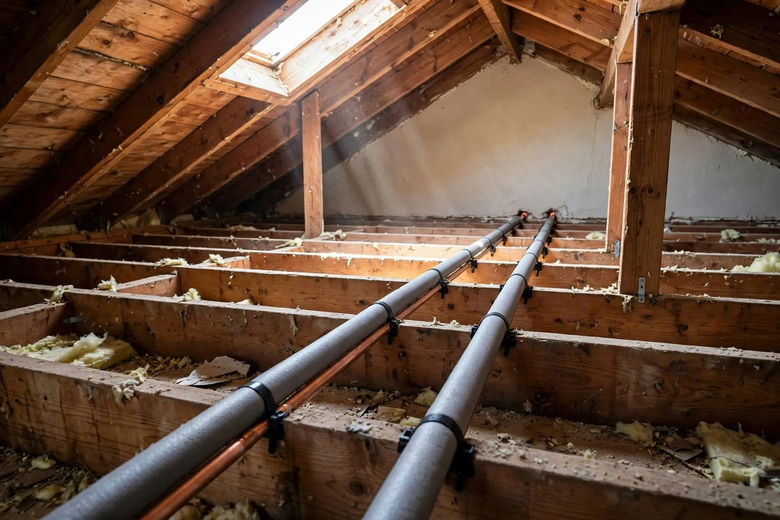 New insulated water lines routed through an attic during a slab leak reroute in a Sun City home