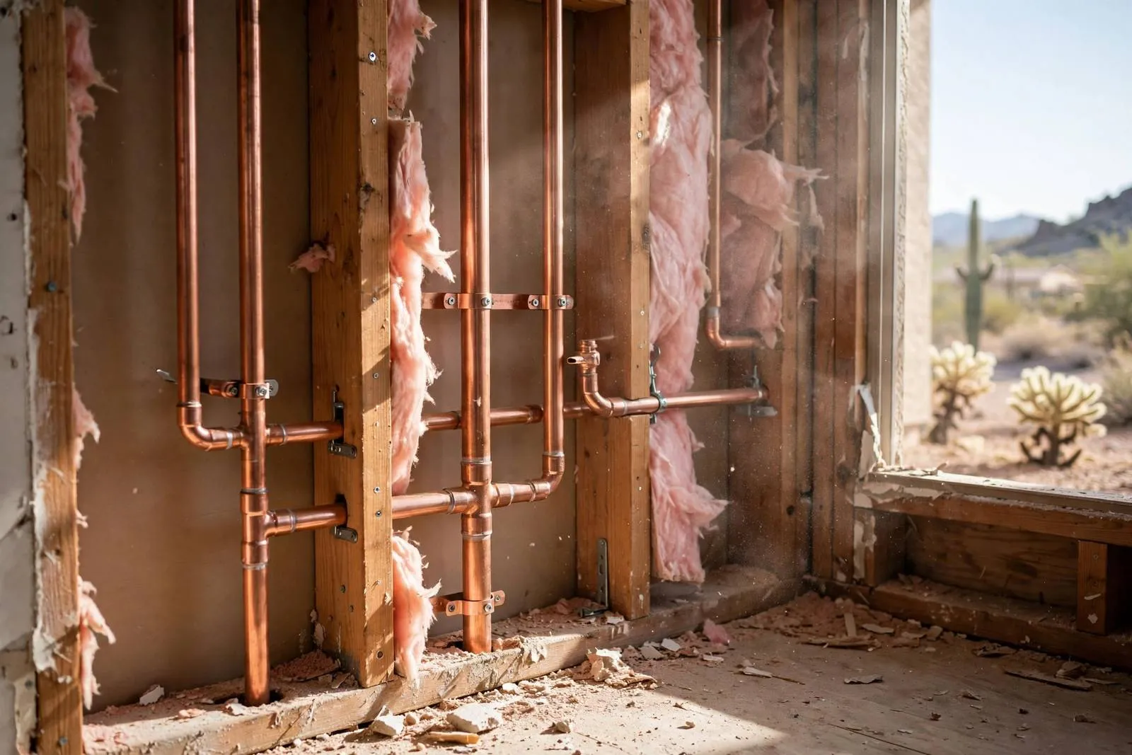 New copper water pipes run through an open wall stud bay during a pipe reroute in a home