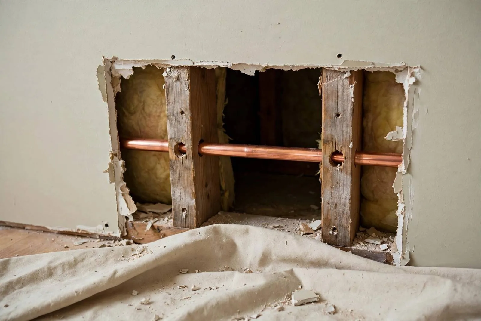 New water pipe running through wall studs during a reroute in a home