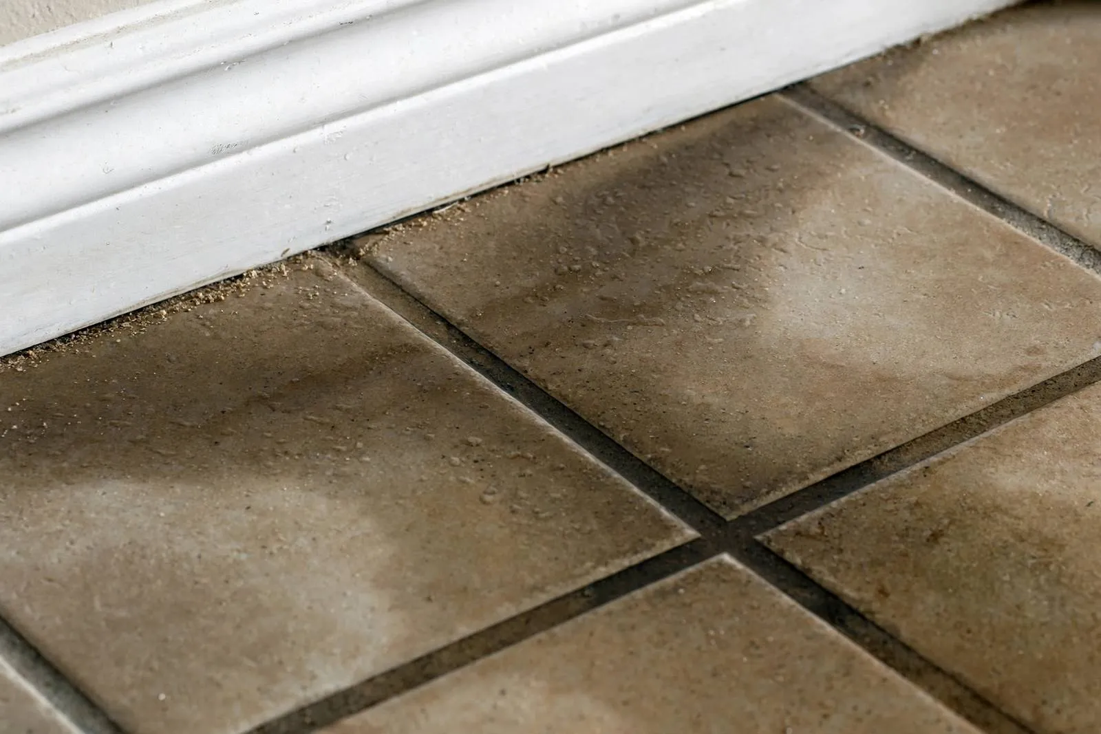 Close-up of a damp water stain spreading across a tile floor beside a baseboard in a home