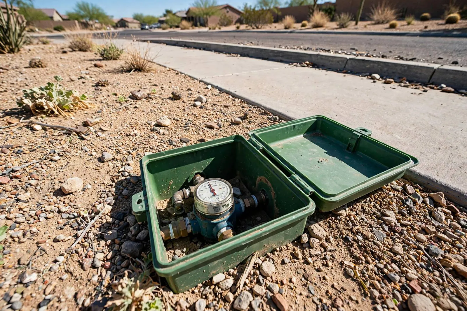 Open residential water meter box at the curb in desert landscaping in Sun City